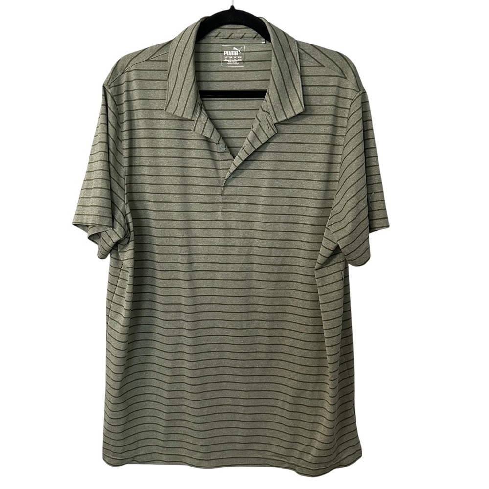 Puma Men’s Short Sleeve Green/Gray Stripe Performance Buttoned Polo Sz XL GUC